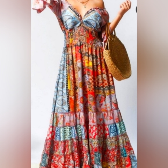 KARMA Hwy Gilded Tiered Ruffle Hem Lg. Dress Red Grn OS NWT - Picture 3 of 15